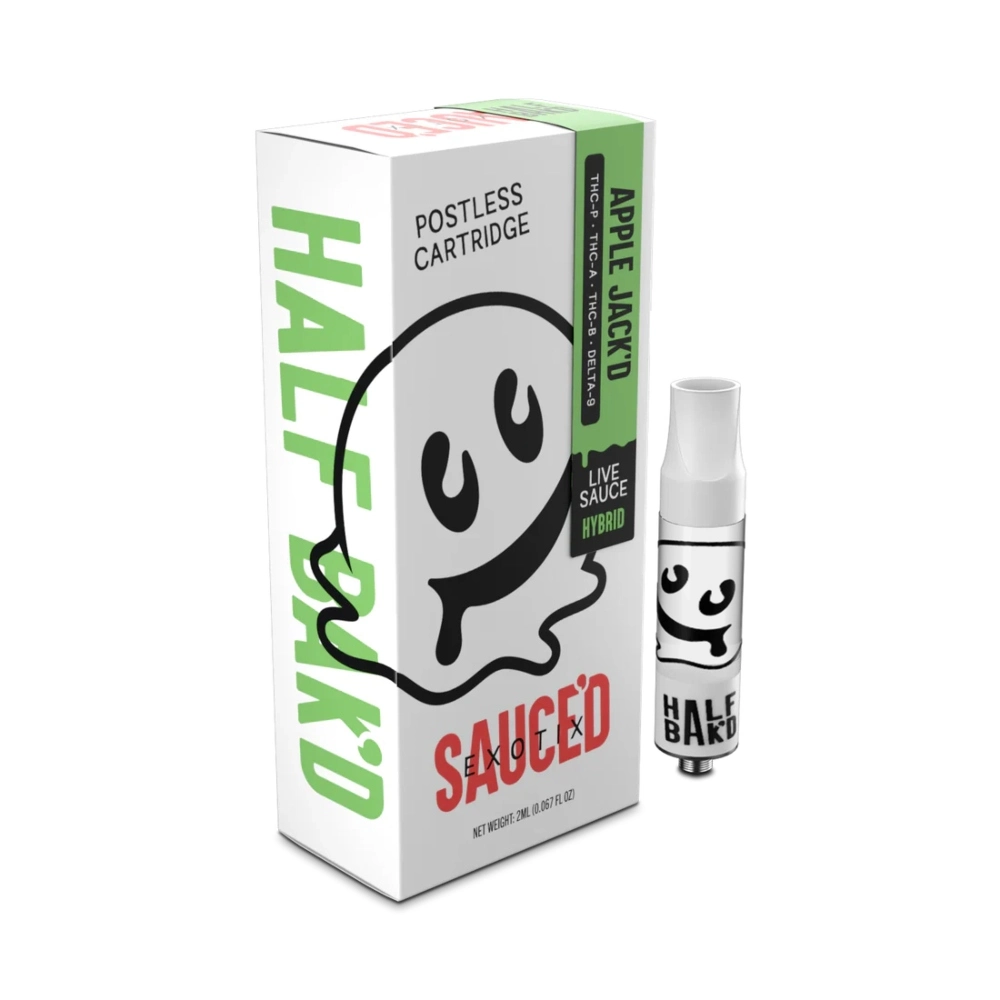 [T-1077-02] HALF BAK'D LIVE RESIN SAUCE'D EXOTIC THC-P 2G CARTRIDGES 5pk Box (Apple Jack'D)