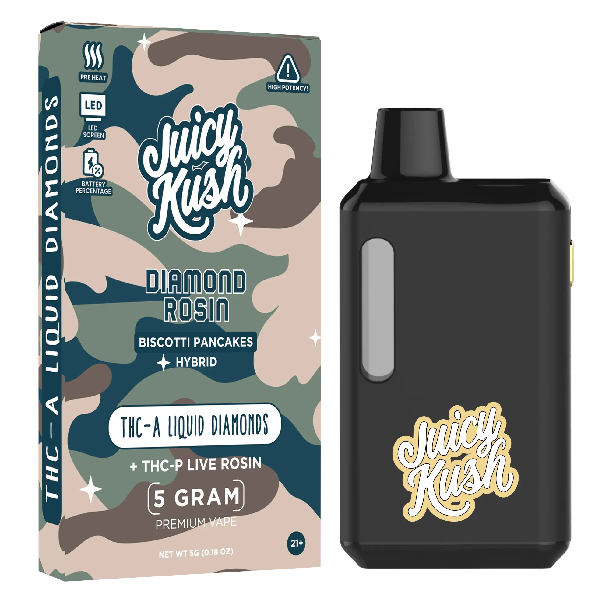 [Q-4259-02] Juicy Kush 5g Disposable THC-A 5PK a Box (Biscotti Pancakes)
