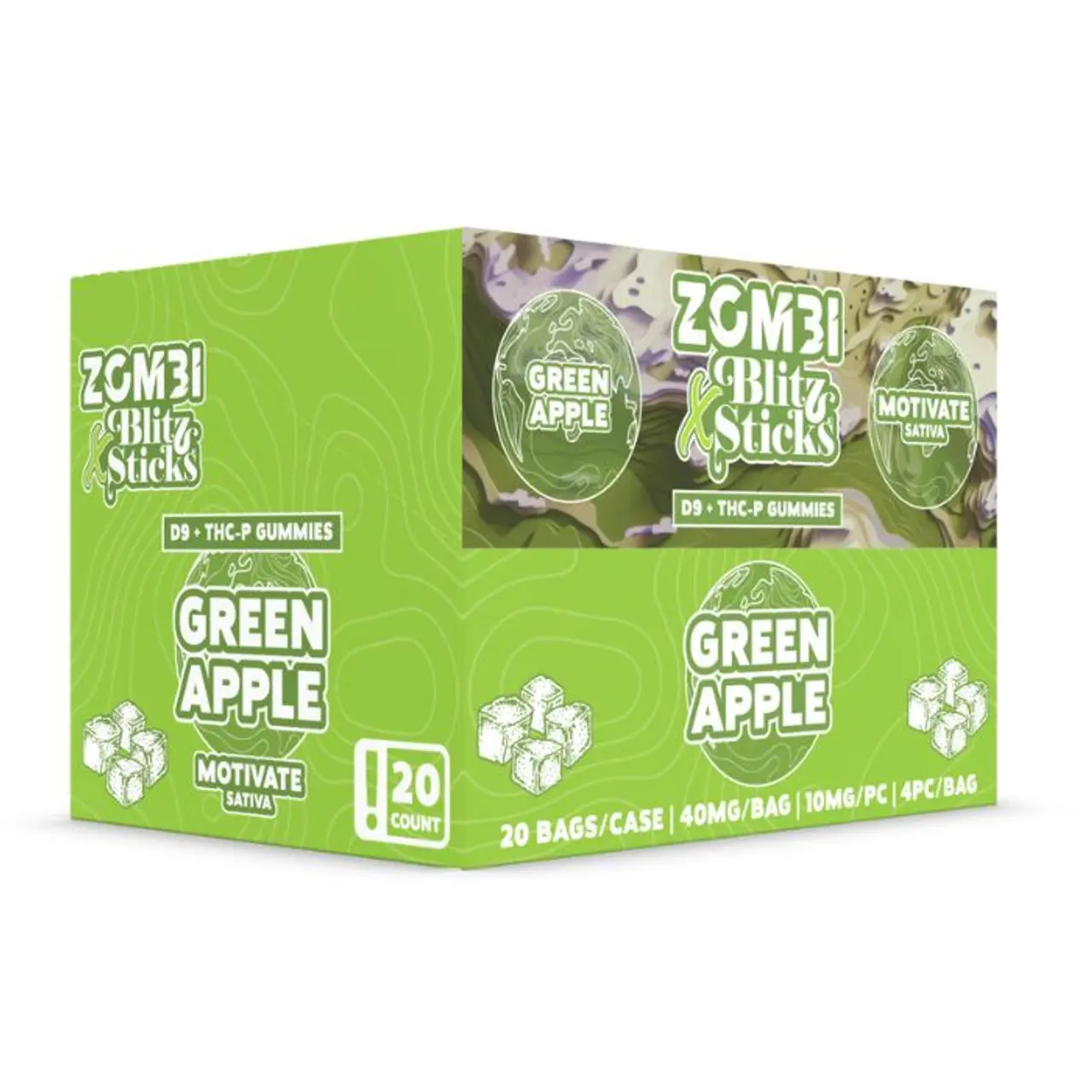 [Q-4780-01] ZOMBI BLITZ STICKS D9+THC-P GUMMIES 4PC BAG 20PK DISPLAY (GREEN APPLE)