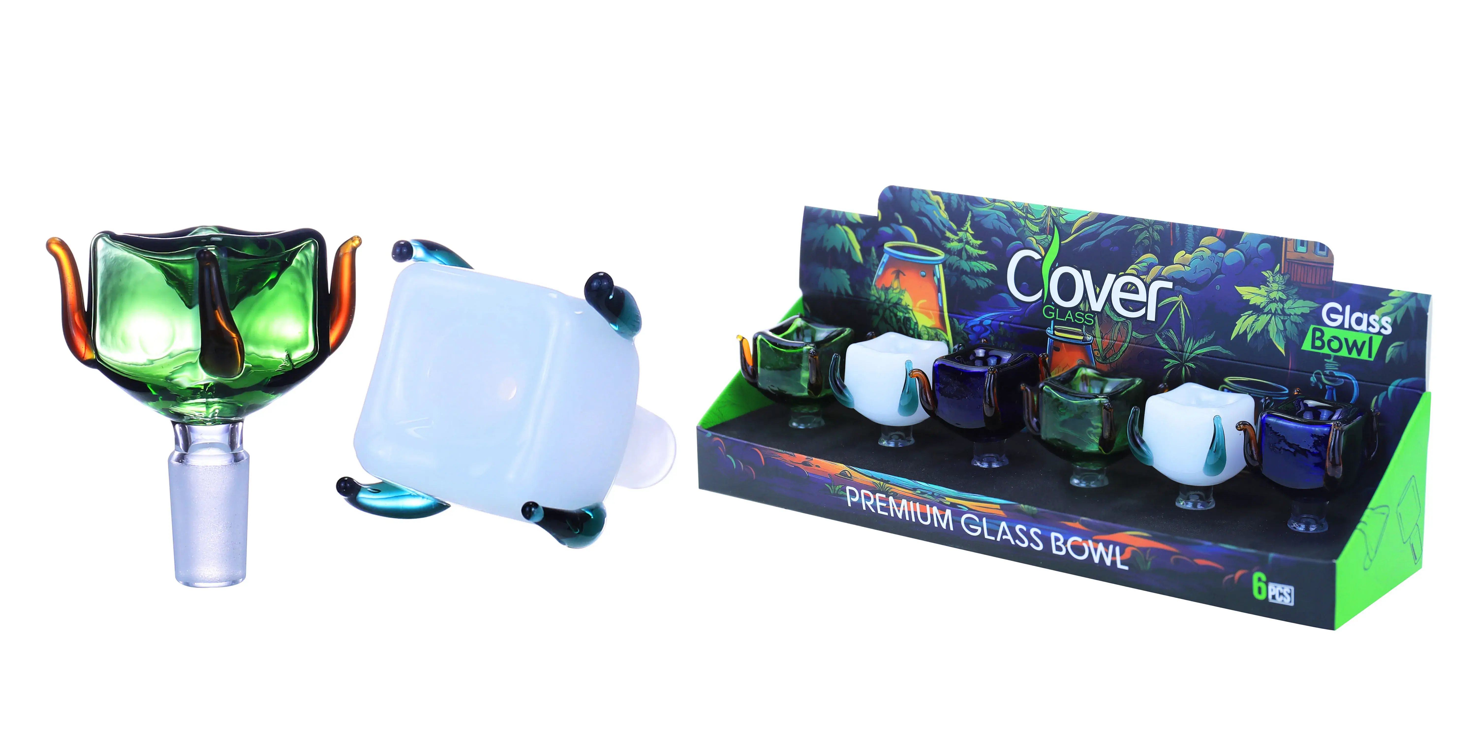 [10102-16] Clover Glass Blow Head 14MM 6Pc a Display Mix Color  (Cube  With Tentacles)