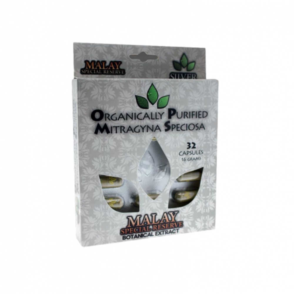 [Q-1509] BOX OPMS SILVER - GREEN VEIN MALAY 19.2G BLISTER, 32 CAPS KRATOM